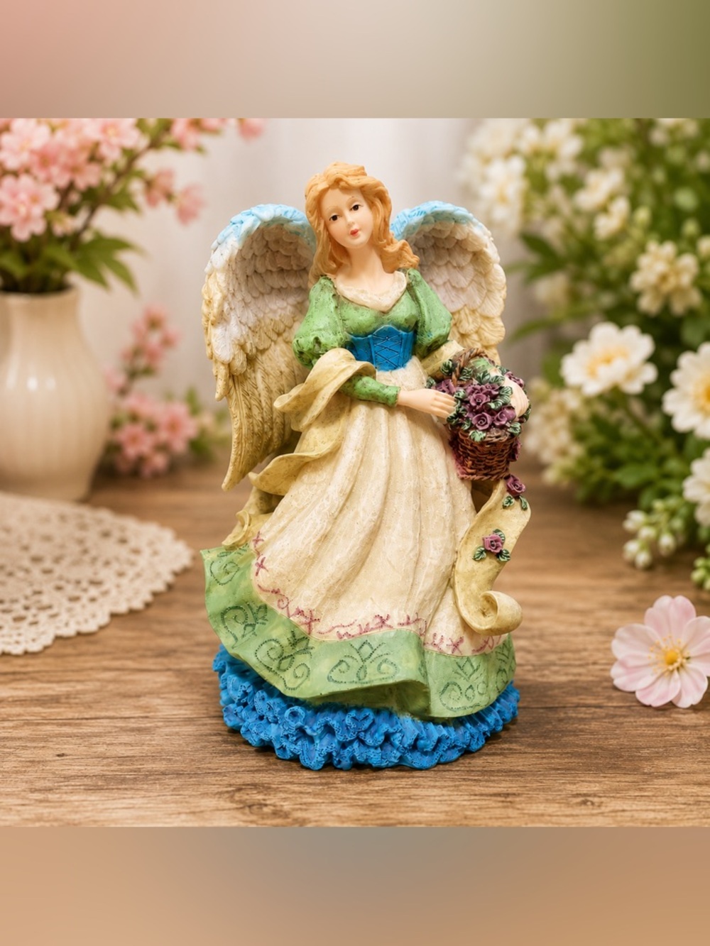 Young’s® Angel Figurine with Blue Wings & Floral Basket